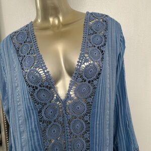 Tunic Top coverup Crochet Trim V Neck long Sleeve Blue Size XL 100% cotton